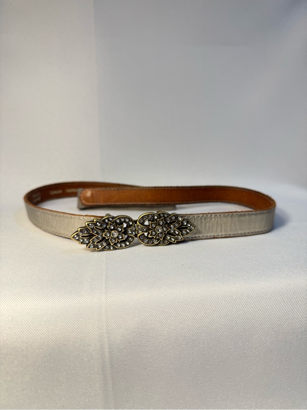 Fossil Silver Leather Belt with Ornate Crystal Double Buckle
